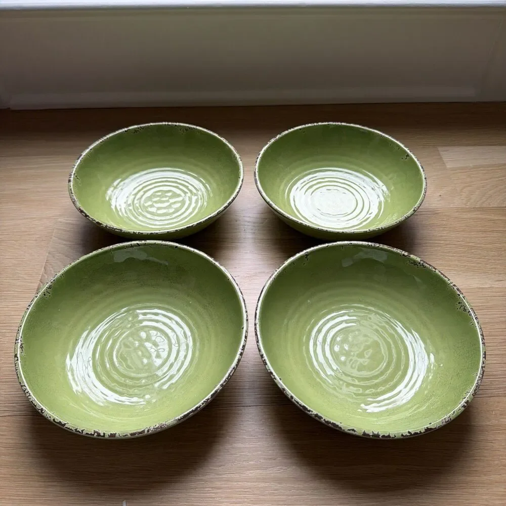 Set Of 4 Williams Sonoma 8” Green Crackle Rustic Melamine Bowls